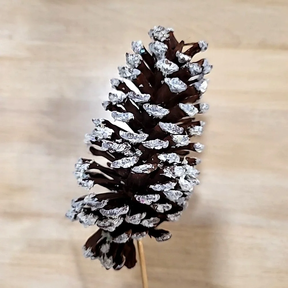 Set Of 3 Large White And Glitter Tipped Pine Cone Picks- Christmas-Porch Pot